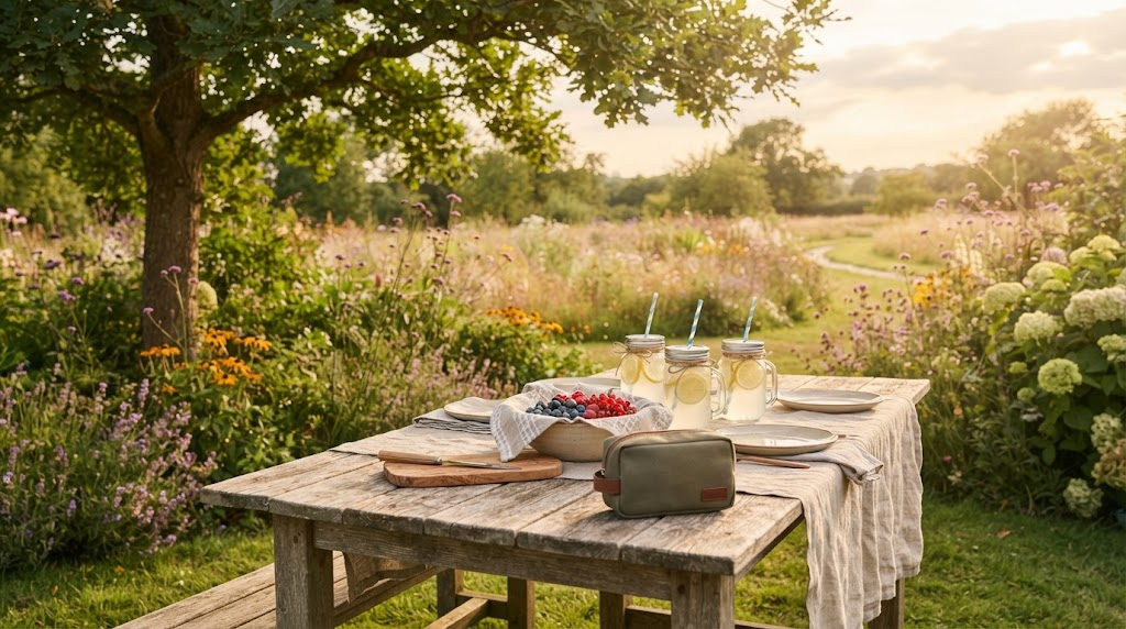 Sunny late-summer garden picnic table with lidded lemonade jars, a covered fruit bowl and a small first-aid pouch