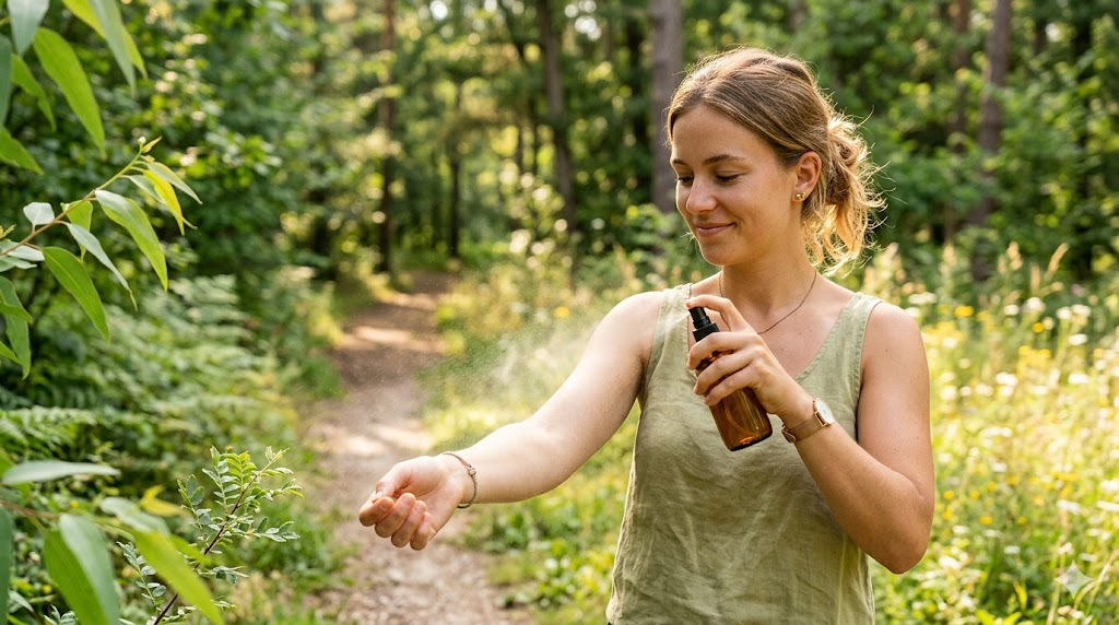 A hiker on a sunny European woodland trail applying DEET-free natural insect repellent to her forearm