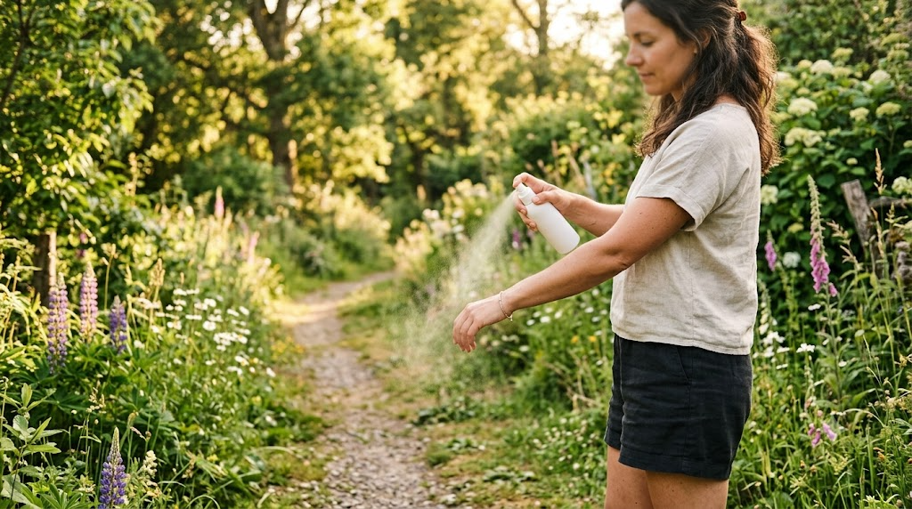 A person applying DEET-free insect repellent spray to their forearm on a sunlit garden path with wildflowers, illustrating safe daily use of insect repellent.
