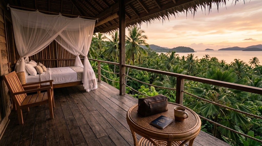 Safari lodge veranda at dusk with a mosquito net over the bed and a passport on a rattan table, ready for a trip to a malaria area