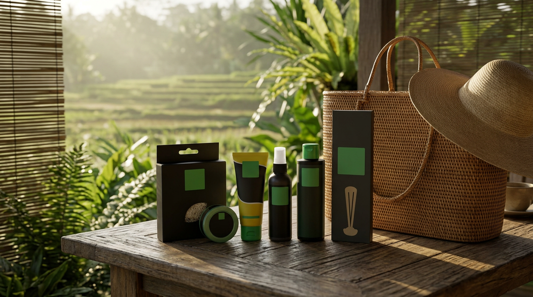 DEET-free incognito travel insect repellent set on a wooden veranda table overlooking a tropical rice paddy in Southeast Asia, with a rattan bag and straw sun hat