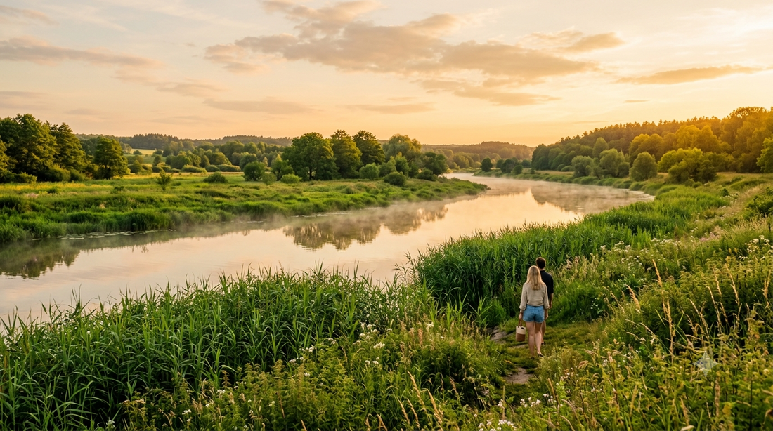 A calm Central European river floodplain at golden hour with lush green reeds, illustrating mosquito season near water