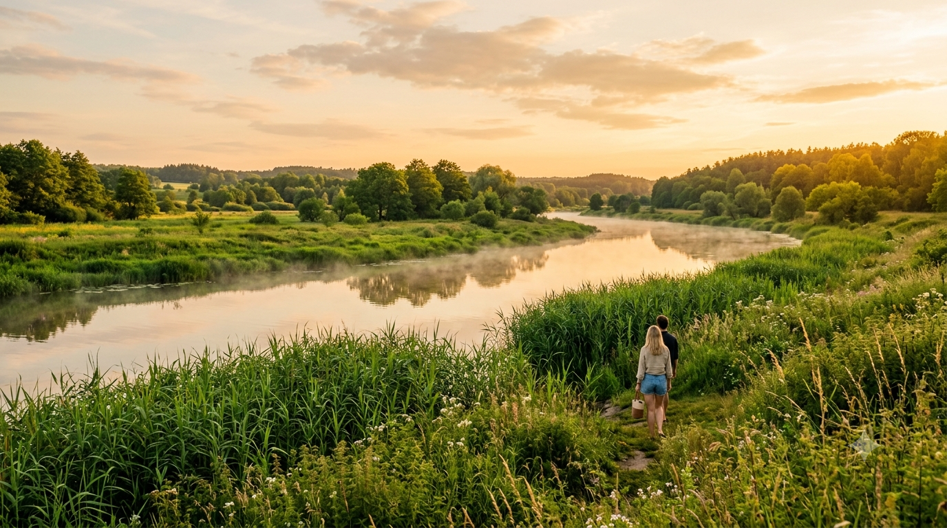 A calm Central European river floodplain at golden hour with lush green reeds, illustrating mosquito season near water