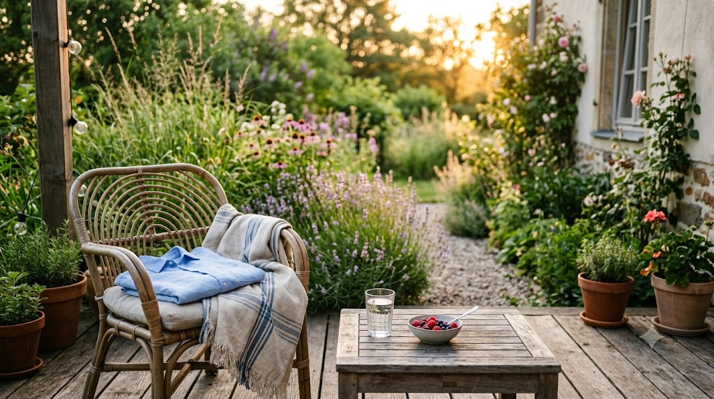 Calm summer evening on a wooden garden terrace at golden hour, with a rattan chair, linen blanket and lavender in soft focus