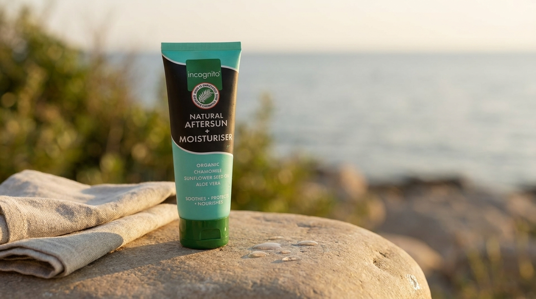 incognito® Natural Aftersun & Moisturiser tube on a sun-warmed coastal rock beside a folded linen towel, with the sea blurred behind