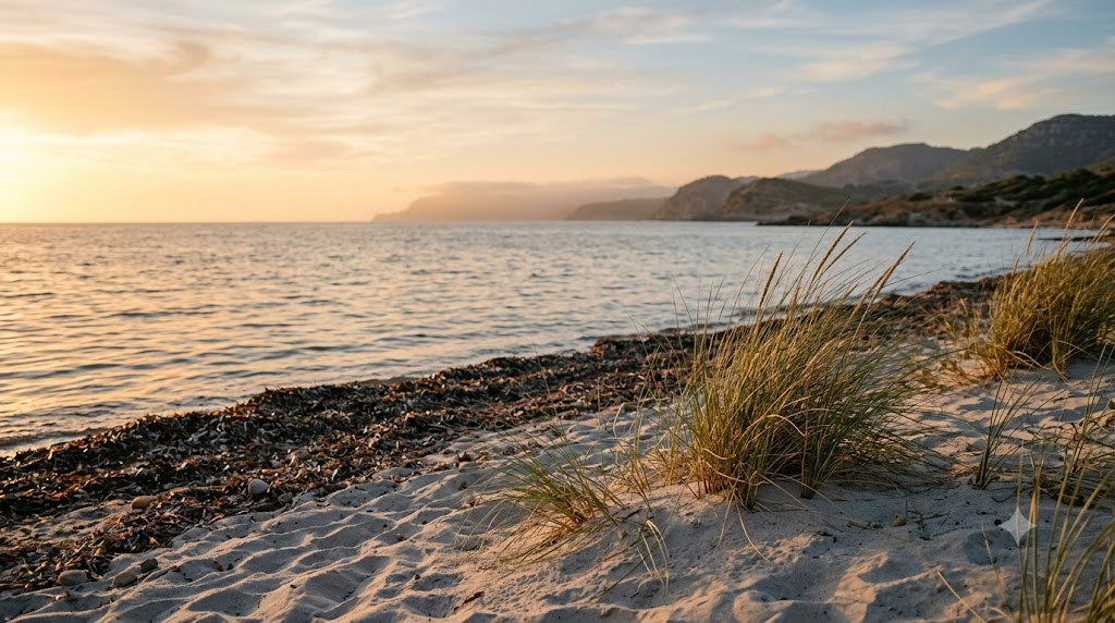 Calm Mediterranean beach at golden hour with pale sand, marram grass and a seaweed tideline — typical habitat for sand flies and biting midges