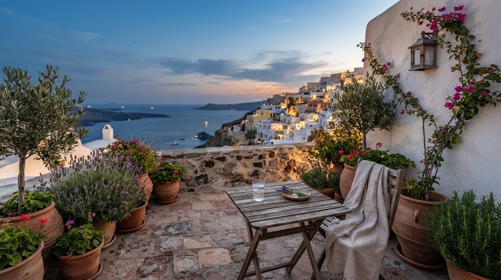 Mediterranean village terrace at dusk with potted olive trees and lavender overlooking the sea, the time of day when sandflies are most active