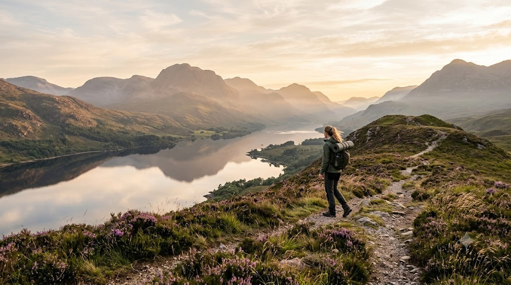 A lone hiker on an open, breezy heather ridge overlooking a Scottish Highland loch at golden hour — a calm evening outdoors during midge season.