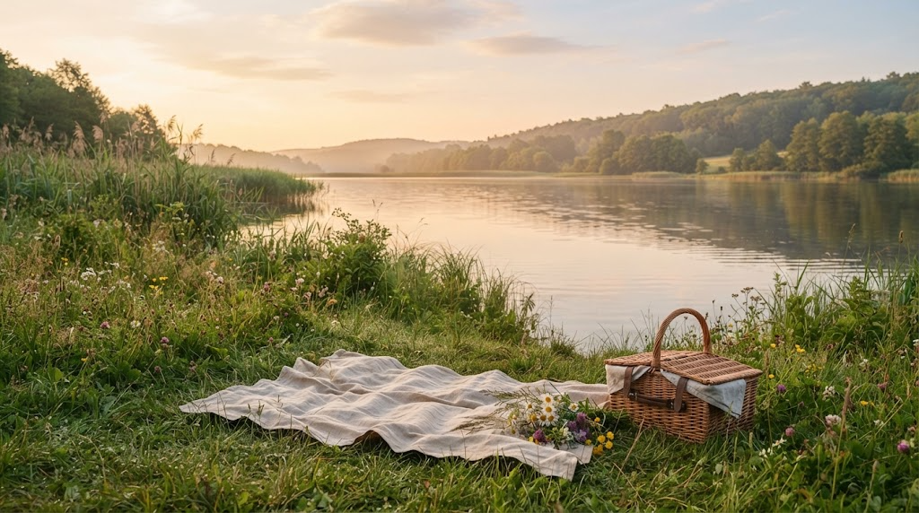 Calm lakeside meadow at golden hour with a linen picnic blanket and wicker basket among reeds and wildflowers