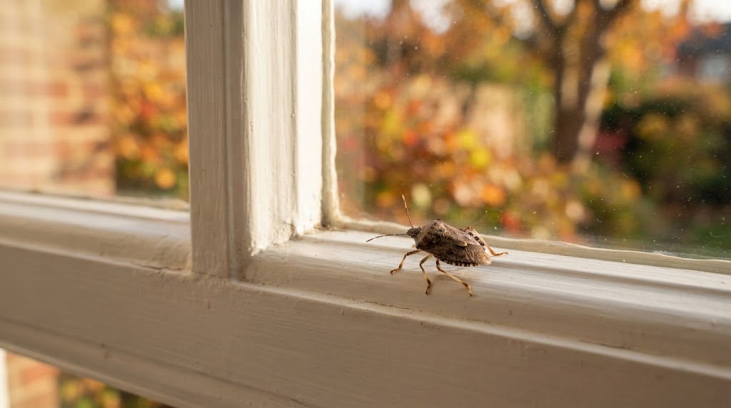 Brown marmorated stink bug resting on a sunlit white window frame in autumn with golden garden leaves outside