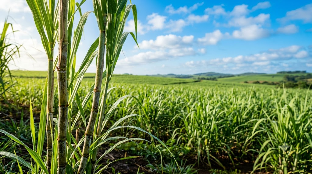 Sunlit green sugarcane field under a bright blue sky — the renewable crop behind incognito® bio-based bottles