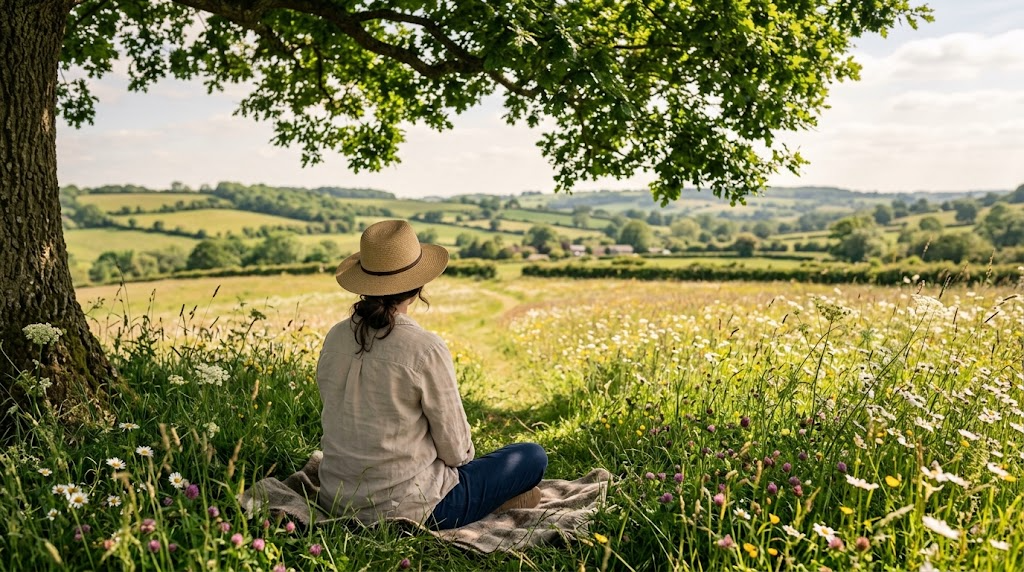 A woman in a light long-sleeved shirt and straw hat resting in dappled shade under a tree at the edge of a sunlit summer meadow