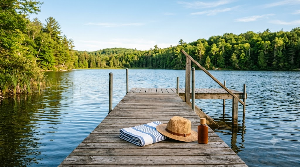 A folded striped towel, a straw sun hat and a bottle of sunscreen on a wooden jetty beside a calm summer lake surrounded by green trees