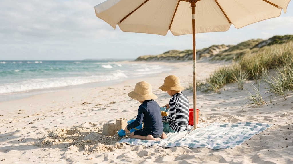 Two young children in wide-brimmed sun hats and long-sleeved rash vests playing in the shade of a beach parasol on pale sand, sea in the background