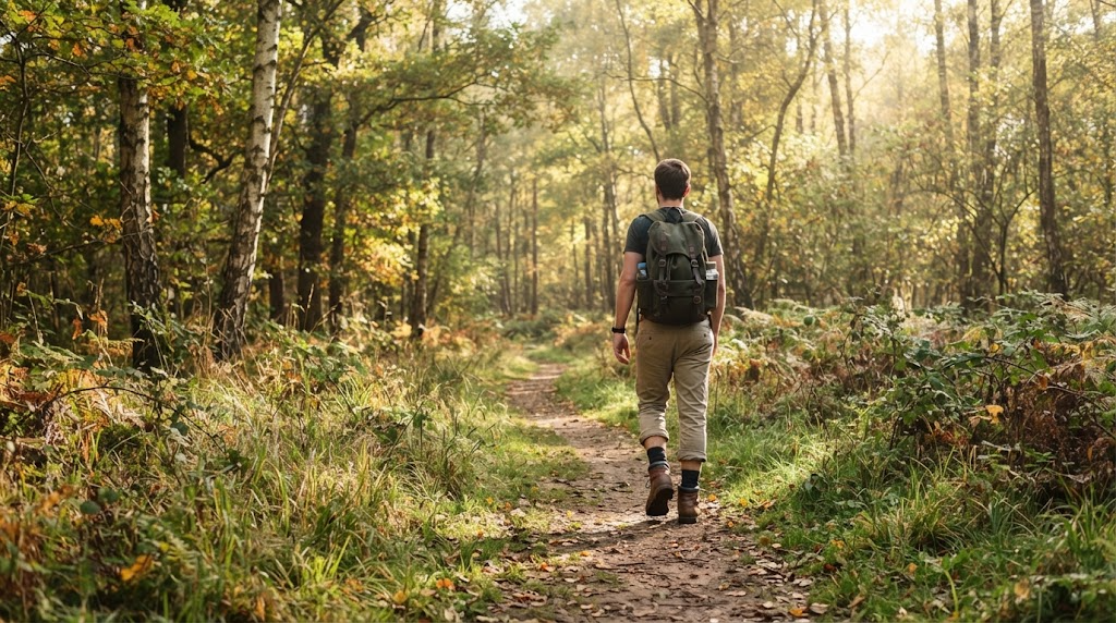 Hiker in trousers tucked into socks walking a sunlit autumn woodland path lined with tall grass and ferns, typical tick habitat in Europe