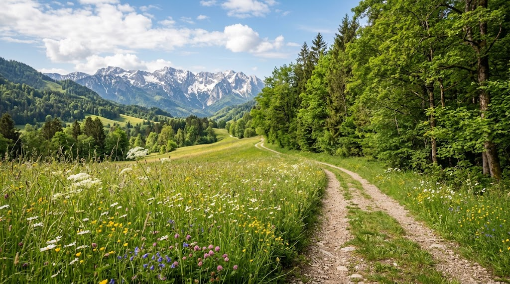 Sunlit hiking path at the edge of a mixed forest and wildflower meadow in the Bavarian Alps foothills in late spring, typical tick habitat in Germany and Austria