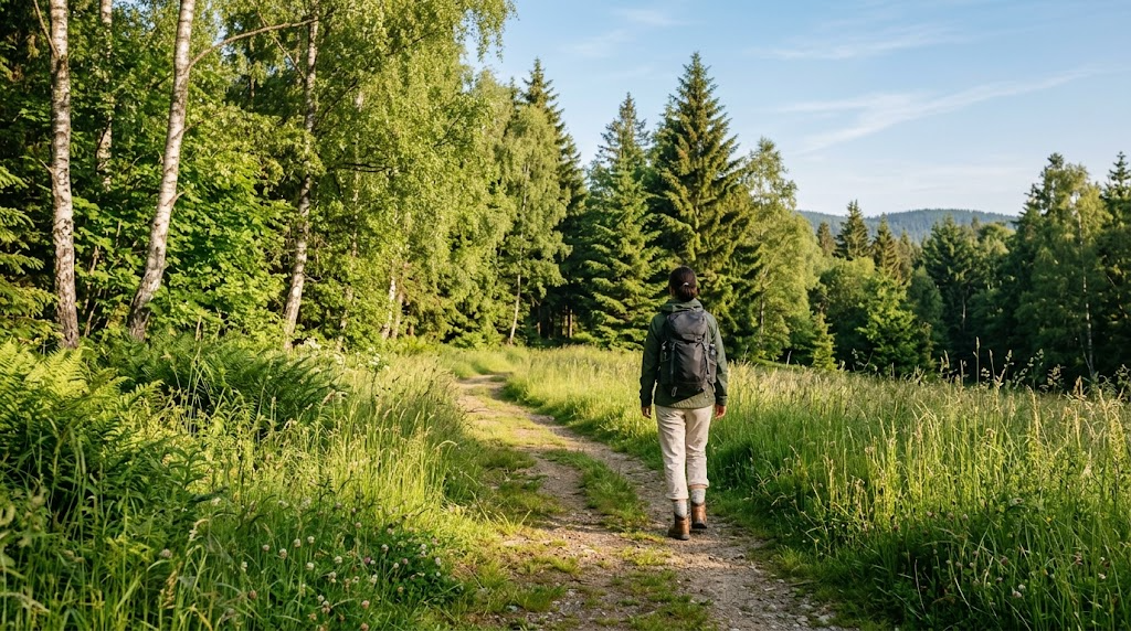 Hiker in light trousers tucked into socks walking a sunlit forest-edge trail through tall summer grass in Central Europe, a typical tick habitat