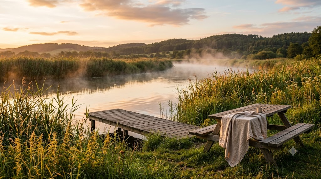 Calm European river with reeds, a wooden jetty and a picnic table at golden-hour dusk, the wetland habitat where Culex mosquitoes that carry West Nile virus breed