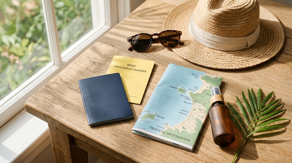 Travel preparation flat lay with passport, yellow vaccination booklet, tropical map, straw hat and sunglasses on a sunny wooden table