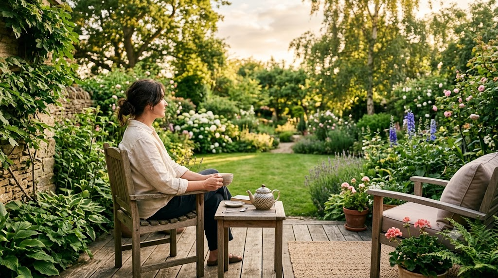 A person relaxing with a cup of tea on a garden patio at golden hour on a calm summer evening — incognito® DEET-free outdoor protection