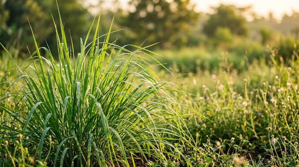 Clump of lush green Java citronella grass in a sunlit meadow at early morning, the plant source of the PMD in Citrepel® 75