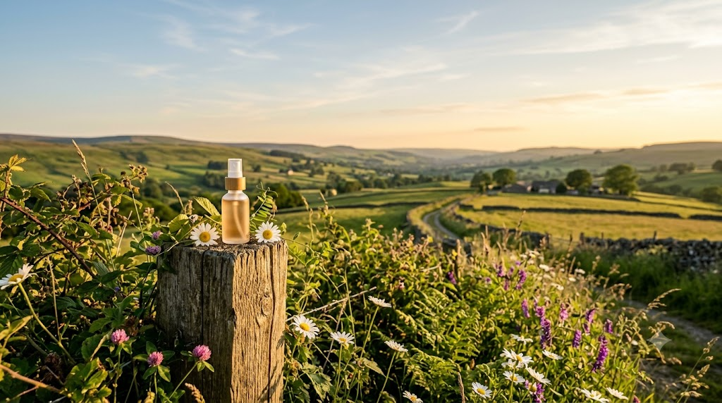 Sunlit British countryside at golden hour with a plain natural spray bottle on a wooden fence post among wildflowers, symbolising incognito's DEET-free, sustainable insect repellent.
