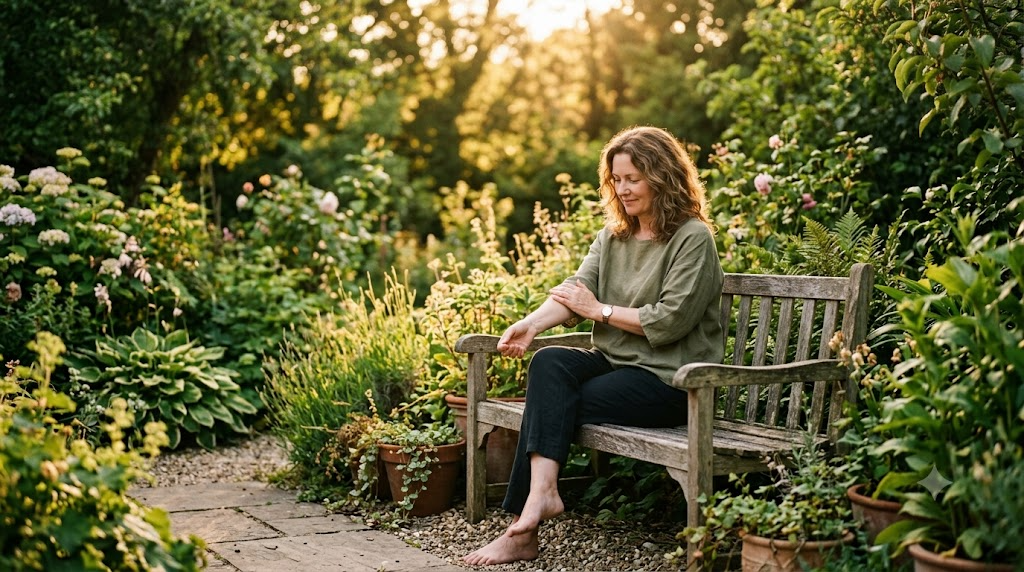 An adult relaxing on a wooden garden bench at golden hour, gently soothing a forearm in a lush green garden
