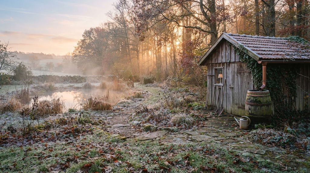 Frosty late-autumn garden at dawn with a wooden shed, rain barrel and misty pond where mosquitoes shelter over winter