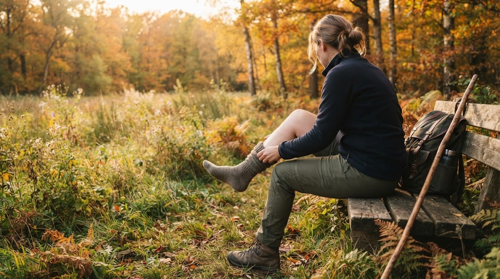 Hiker sitting on a wooden bench at the edge of an autumn forest meadow, checking the legs and back of the knee for ticks after a walk