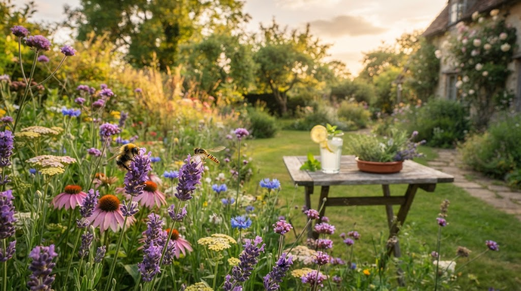 Bumblebee and hoverfly on lavender and wildflowers in a late-summer cottage garden with a wooden table in golden evening light
