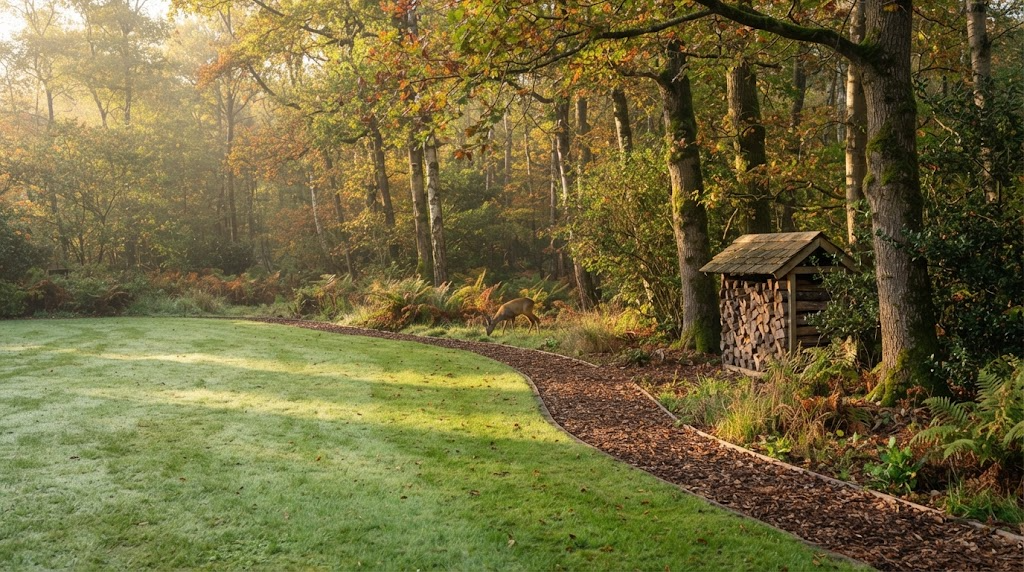 Garden lawn bordered by a wood-chip path and woodland edge with a log store and a roe deer grazing among autumn trees