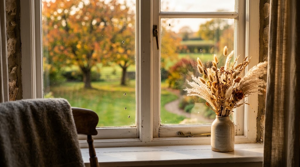 Sunlit country-house window in autumn with a vase of dried grasses on the sill and a few flies resting on the glass, garden with autumn trees outside