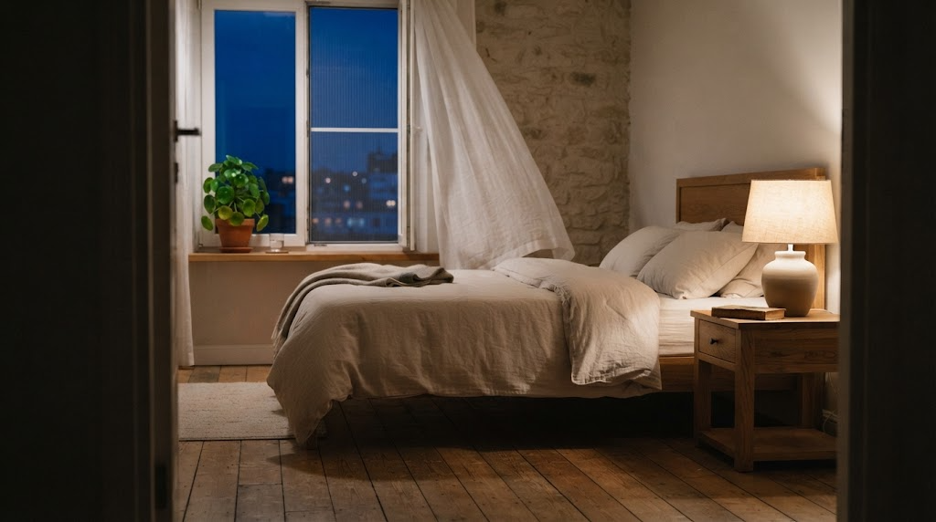 Calm bedroom at night with a warm bedside lamp, linen bedding and an open window with an insect screen — a cool, quiet room helps when insect bites itch more at night